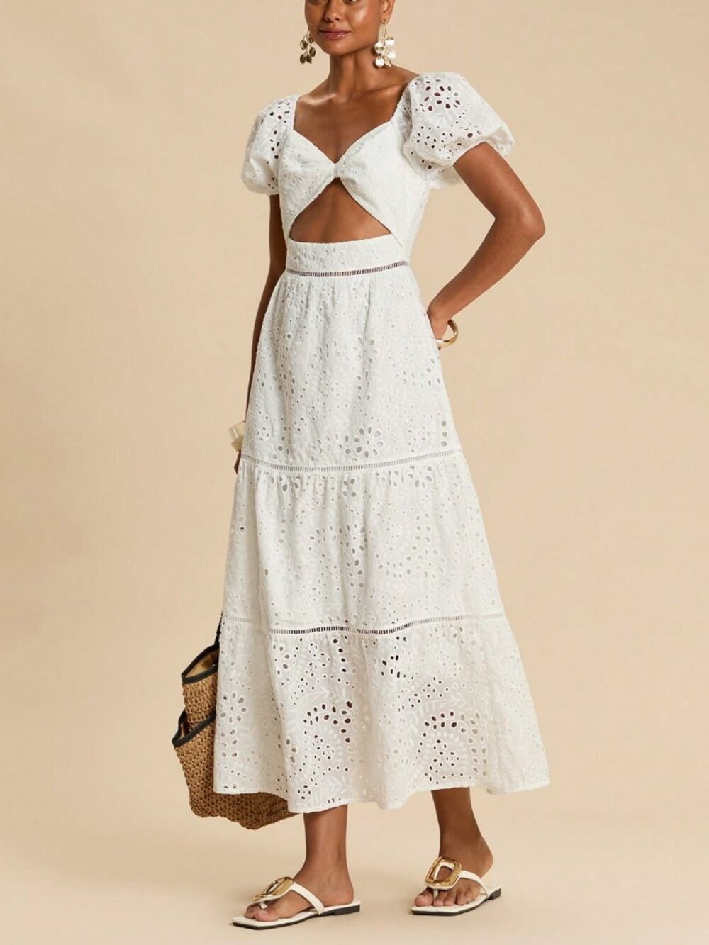 White Boho Women's Embroidered Twist Ruched Long Dress